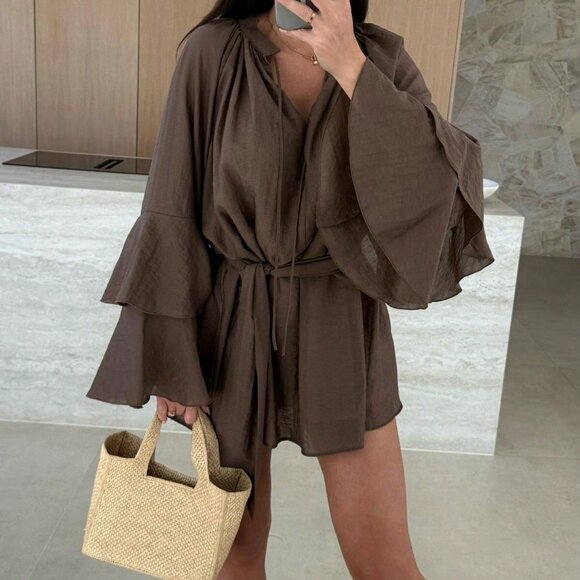 Coffee Boho Women's V-Neck Asymmetrical Tie-Up Long Sleeve Loose Mini Dress - Picture 2 of 5